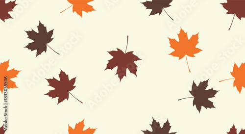 Warm and cozy seamless autumn pattern with brown and orange maple leaves scattered on a soft cream-colored background. This classic fall foliage design is perfect for seasonal decorations.