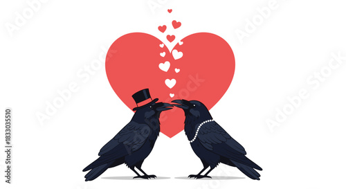 Romantic illustration of two black crows in love, one wearing a top hat and the other a pearl necklace, in front of a large red heart. This unique design is perfect for Valentine's Day.