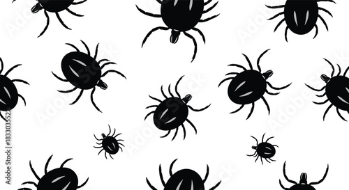 Monochrome seamless pattern of black tick or mite silhouettes scattered on a white background. This design is suitable for illustrating concepts of parasites, insects, or Lyme disease awareness.