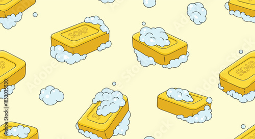 Seamless pattern of yellow soap bars with white foam and bubbles on a light yellow background. This clean and simple hygiene-themed illustration is perfect for bathroom decor or packaging.
