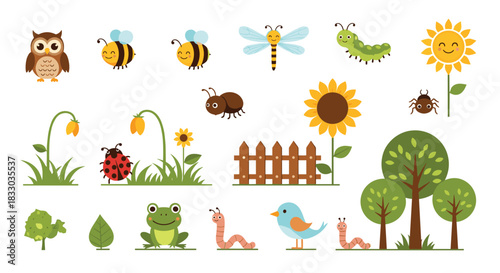 Large collection of cute cartoon garden and nature elements, including insects, animals, plants, and flowers. This adorable set is perfect for children's educational materials and spring designs.