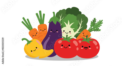 Group of cute and happy cartoon vegetable characters, including carrots, tomatoes, and broccoli. This healthy food illustration is perfect for promoting vegetarian diets and nutrition for kids.