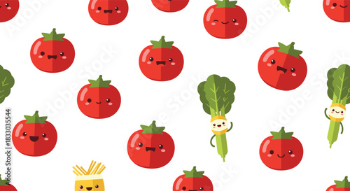 Fun and cute seamless pattern of smiling cartoon tomatoes and other happy vegetable characters on a white background. This playful food design is ideal for kitchen textiles and children's products.