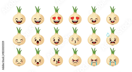 Set of cute white onion cartoon characters with a wide range of funny facial expressions and emotions. This vegetable emoticon collection is perfect for food blogs, stickers, and culinary designs.