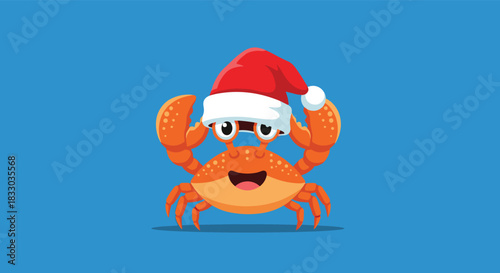 Cheerful orange crab character wearing a red Santa hat with a big happy smile, against a solid blue background. This festive and funny sea creature is perfect for tropical Christmas cards.