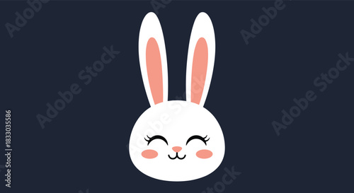 Cute and simple white rabbit face with long ears, eyelashes, and a happy expression on a dark background. This adorable bunny illustration is perfect for Easter greetings or minimalist nursery art.