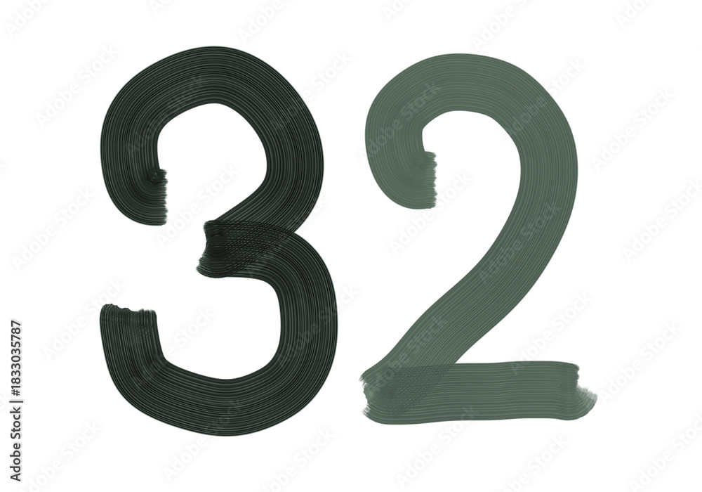 Naklejka premium Number Thirty-two, 32 made with Plaster Rake Brush on transparent background, Digit, Black color, Dark-green color, isolated background, Illustration, Typography, Handmade, Set 0-100