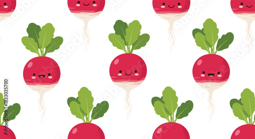 Repeating pattern of adorable smiling kawaii radishes with bright green tops, creating a cheerful and healthy vegetable background design.