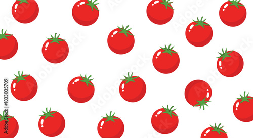 Simple repeating pattern of bright red round tomatoes with small green stems scattered randomly on a clean, isolated white background.