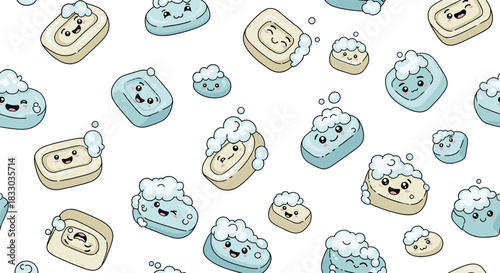 Playful seamless pattern of cute beige and blue soap bar characters with happy faces and floating bubbles on a white background.