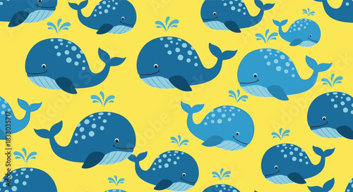 Cheerful seamless pattern of cute blue whales spouting water, swimming on a vibrant and playful yellow background for children's designs.