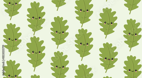 Seamless pattern of adorable kawaii green oak leaves with cute smiling faces, creating a cheerful and natural background design.