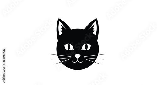 Simple and bold black silhouette icon of a cat's head with white eyes, nose, and whiskers on a clean white background.