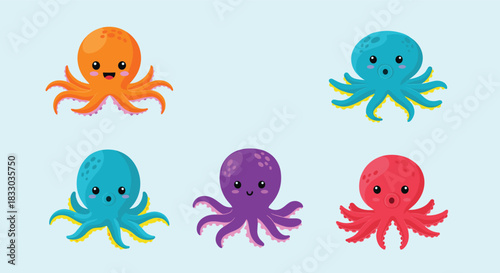 Vibrant set of five adorable cartoon octopus characters in orange, blue, purple, and red with different expressions and poses.