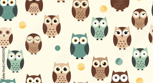 Adorable seamless pattern of cute cartoon owls in brown and teal with various expressions on a soft beige background with dots.