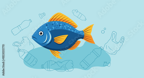 Blue and yellow fish with a worried expression swims in polluted water filled with outlines of plastic bottles, bags, and garbage.
