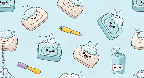 Quirky seamless pattern featuring cute kawaii soap bars, bubbles, and school supplies like a pencil and marker on a blue background.