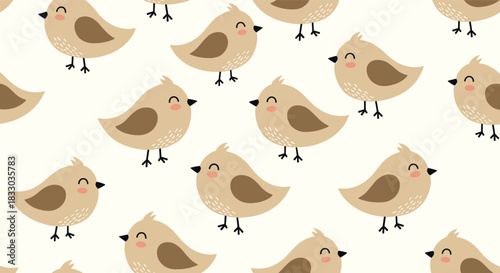 Sweet seamless pattern of adorable little brown birds with happy smiling faces on a soft off-white background for kids' decor.