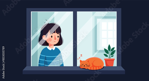 Contemplative girl looking out a window at night while her cozy orange cat sleeps peacefully on the windowsill beside a small plant.