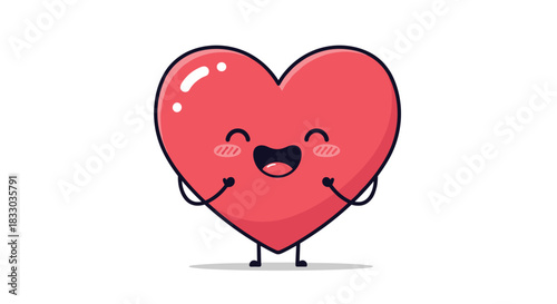 Overjoyed red heart cartoon character with a big, happy laugh, blushing cheeks, and little arms and legs on a white background.