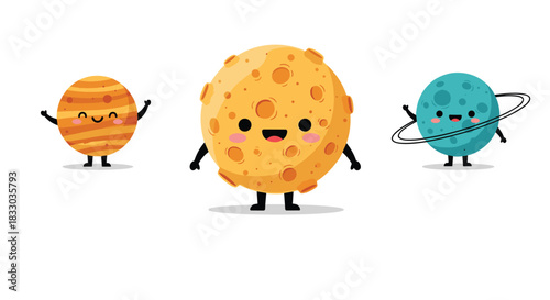 Adorable trio of cute kawaii planet characters, including Jupiter, Saturn, and the Moon, smiling and waving on a white background.