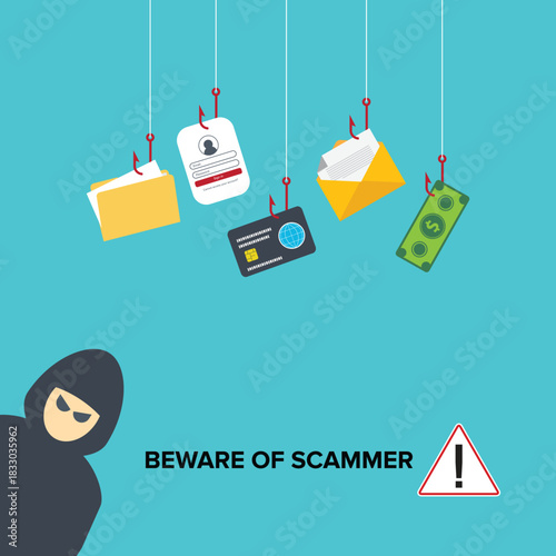 Beware, hacker, scammer in front of his computer committing digital cybercrime. Flat style vector illustration