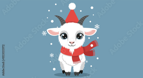 Adorable baby goat with big eyes wearing a red Santa hat and scarf stands in a winter scene with falling snowflakes.
