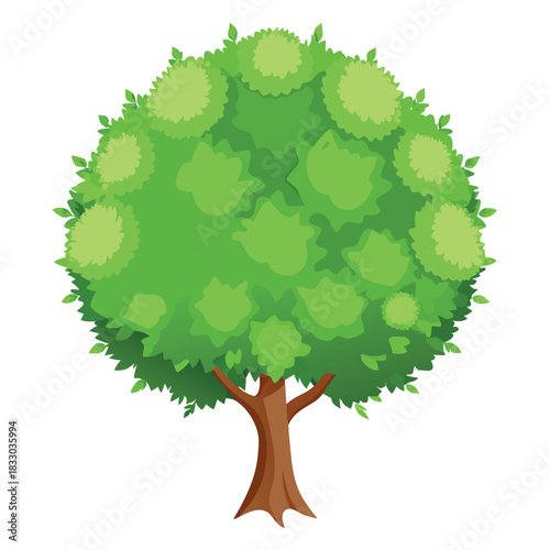 A cartoon-style green tree with a round, fluffy canopy and a brown trunk, illustrated in a bright, clean, and cheerful style