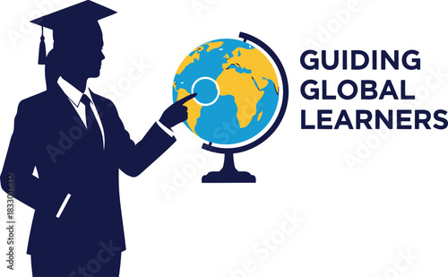 Educator guiding global learners on world map, educational future