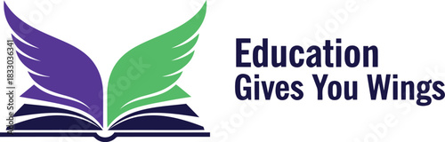 Knowledge and freedom: open book logo with colorful wings flying