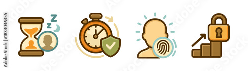 Cartoon authentication status and risk icons set, session control and alerts