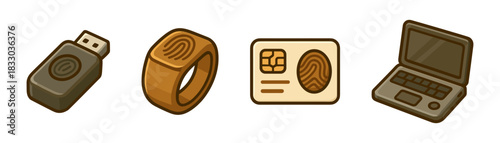 Cartoon biometric access devices icons set, security keys and wearables