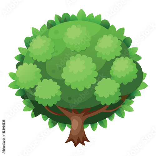 A cartoon-style green tree with a round, fluffy canopy and a brown trunk, illustrated in a bright, clean, and cheerful style