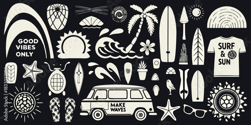 Summer beach vibes hand drawn vector illustration with surf and sun elements
