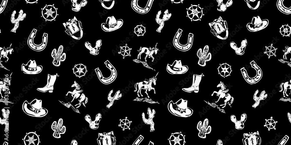 Naklejka premium Black and white cowboy and western icon pattern background