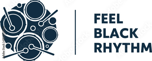 Minimalist drum kit icon with "feel black rhythm" text logo design