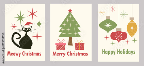 Collection of three Mid century Christmas cards template featuring atomic Christmas tree, Atomic Christmas black and retro Christmas balls
