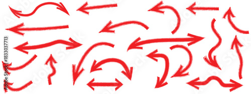 Various red brush drawn curved arrows. Collection doodle marker thick arrows in different directions. Grunge rough direction shape for design. Vector brush strokes,Red pencil arrow doodles