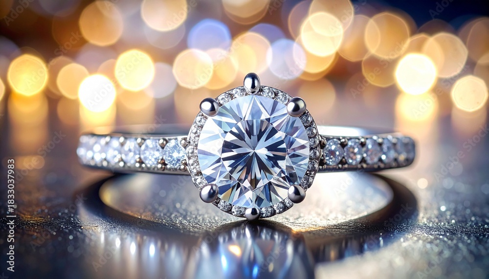 Fototapeta premium “A sparkling diamond engagement ring with bokeh lights in the background, highlighting its brilliance and elegance.”
