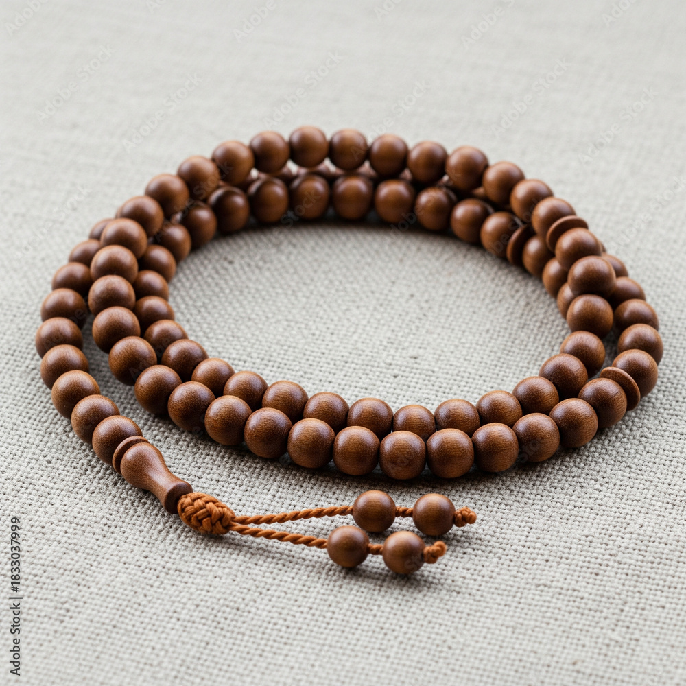 Obraz premium Prayer beads placed on natural fabric background.