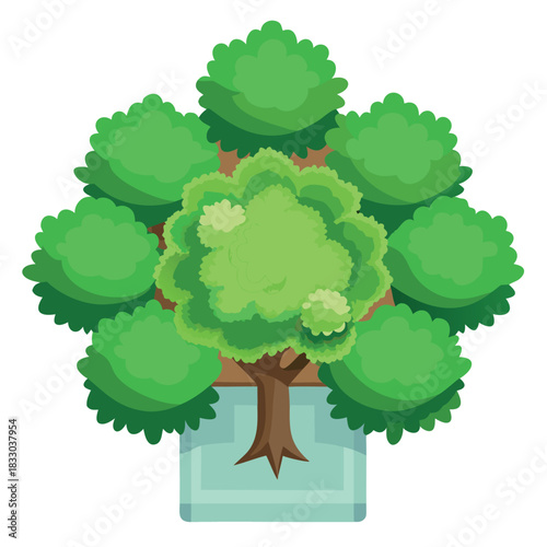 A cartoon-style green tree with a round, fluffy canopy and a brown trunk, illustrated in a bright, clean, and cheerful style