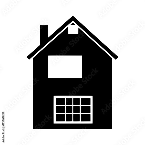 A bold black house silhouette with clean white outlines defining one large grid window and one smaller upper window, both symmetrically positioned, drawn in a simple frontal view with stark contrast, 