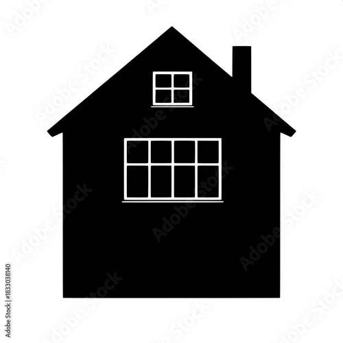 A bold black house silhouette with clean white outlines defining one large grid window and one smaller upper window, both symmetrically positioned, drawn in a simple frontal view with stark contrast, 