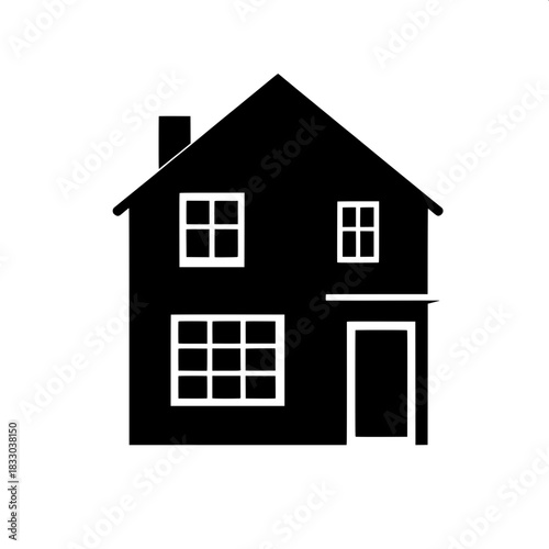 A bold black house silhouette with clean white outlines defining one large grid window and one smaller upper window, both symmetrically positioned, drawn in a simple frontal view with stark contrast, 