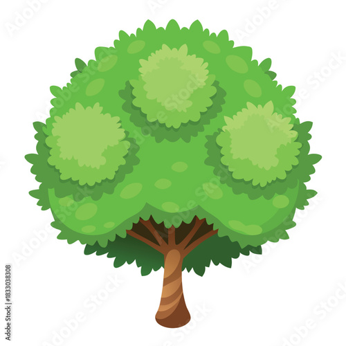 A cartoon-style green tree with a round, fluffy canopy and a brown trunk, illustrated in a bright, clean, and cheerful style