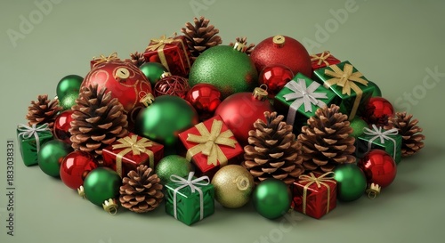 Assortment of festive holiday decorations including ornaments pinecones and wrapped presents are piled together