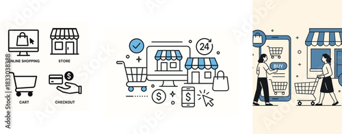 Modern Shopping Illustration Highlighting Online And Offline Store Differences With Cart And Retail Concept