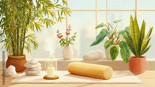 AI Generated - Room with a variety of potted plants, a rolled up yoga mat, a candle with a flame, and stones arranged on the floor. Commercial illustration artwork. Illustration. High-resolution.
