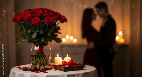 Romantic date night with roses and a couple