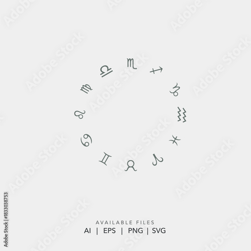 Zodiac Circle Vector Icons Set containing Twelve Astrology Signs in Minimal Line Art Style for Horoscopes and Fortune Telling